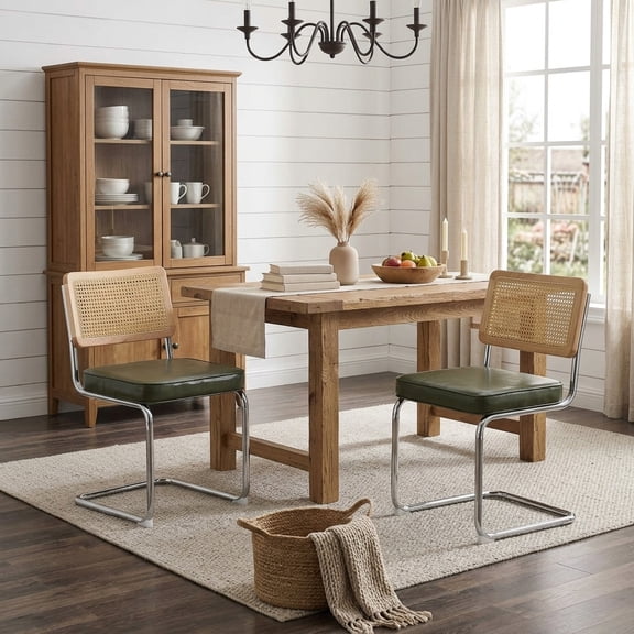 FFZ 31.9"Tall Mid-Century Cane Rattan Dining Chair Set of 2 with Faux Leather Seat, Olive Green