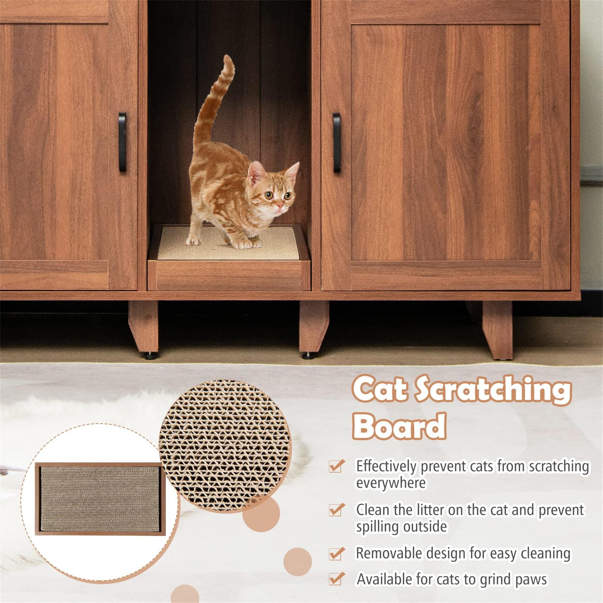 resenkos 47" Litter Box Enclosure for 2 Litter Boxes, Hidden Cat Washroom with 2 Cabinet House, Scratching Board, Indoor Cat Litter Furniture, Brown