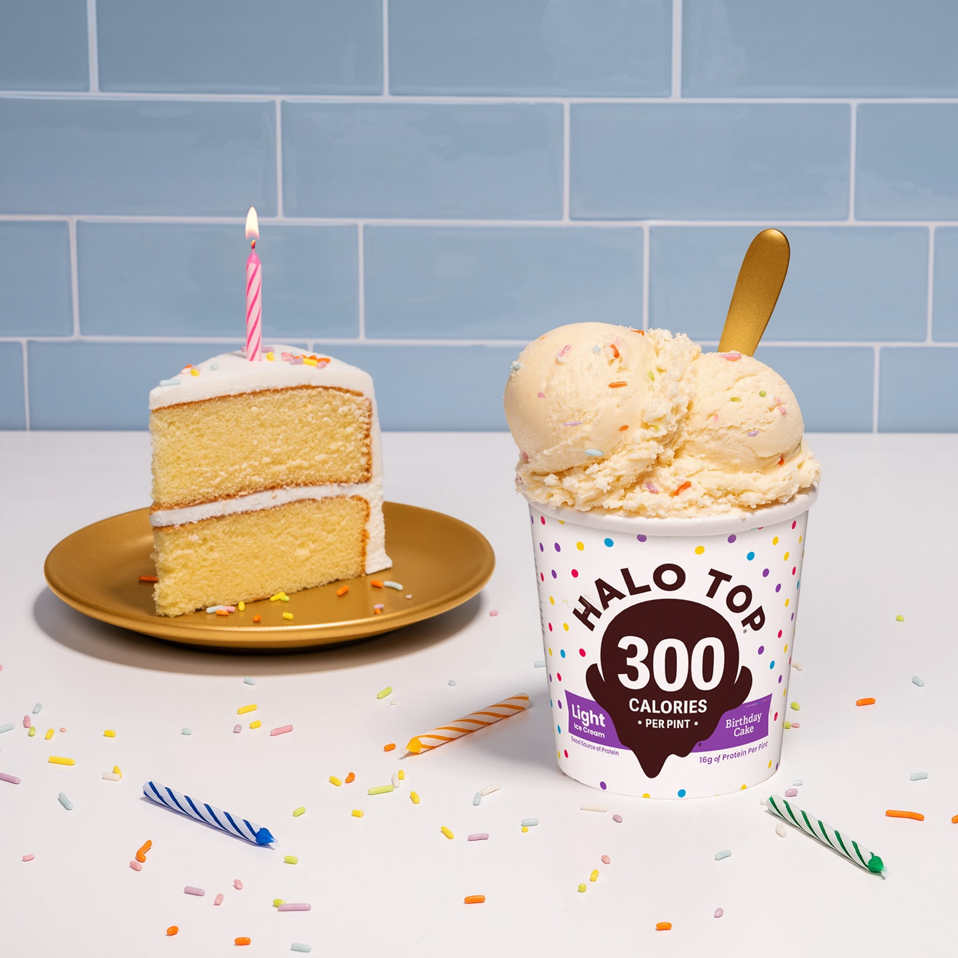 Halo Top Birthday Cake Light Ice Cream, With A Good Source of Protein, Lower Calorie Frozen Dessert, 16 fl oz Pint