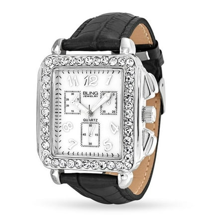 Rectangular White Crystal Dial Fashion Deco Style Watch For Women Faux Black Crocodile Leather Band Steel (Best Rectangular Watches Under 500)