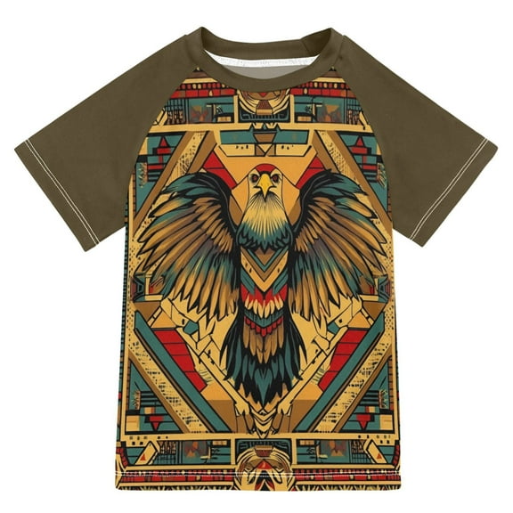 FORMRS Boys Rash Guard with Short Sleeves UPF 50 Swim Shirts Sizes 3-12T, Retro Abstract Eagle