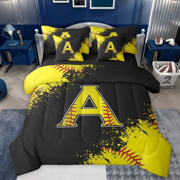Manfei Boys Girls Letter Monogrammed A Twin Bedding Sets 7-Piece,Sport Baseball Bedding Comforter Set Microfiber,Graffiti Splash Breathable Sheet Sets,Ultra Soft Home Decor,Reversible
