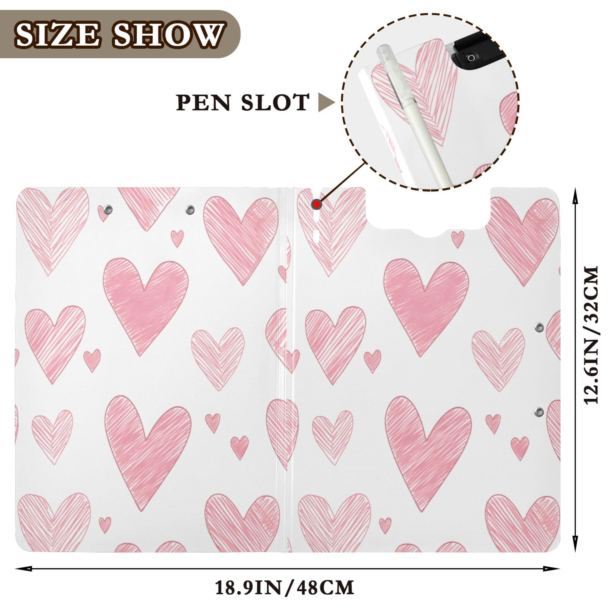 FORMRS A4 Clipboard Folder with Pen Holder Horizontal Foldable School Office Binder, Hand Drawn Hearts