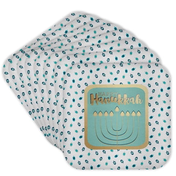 3drose, Image of Menorah, Happy Hanukkah, Deidre Design, Aqua and Gold, Set of 8 Coasters - Cork