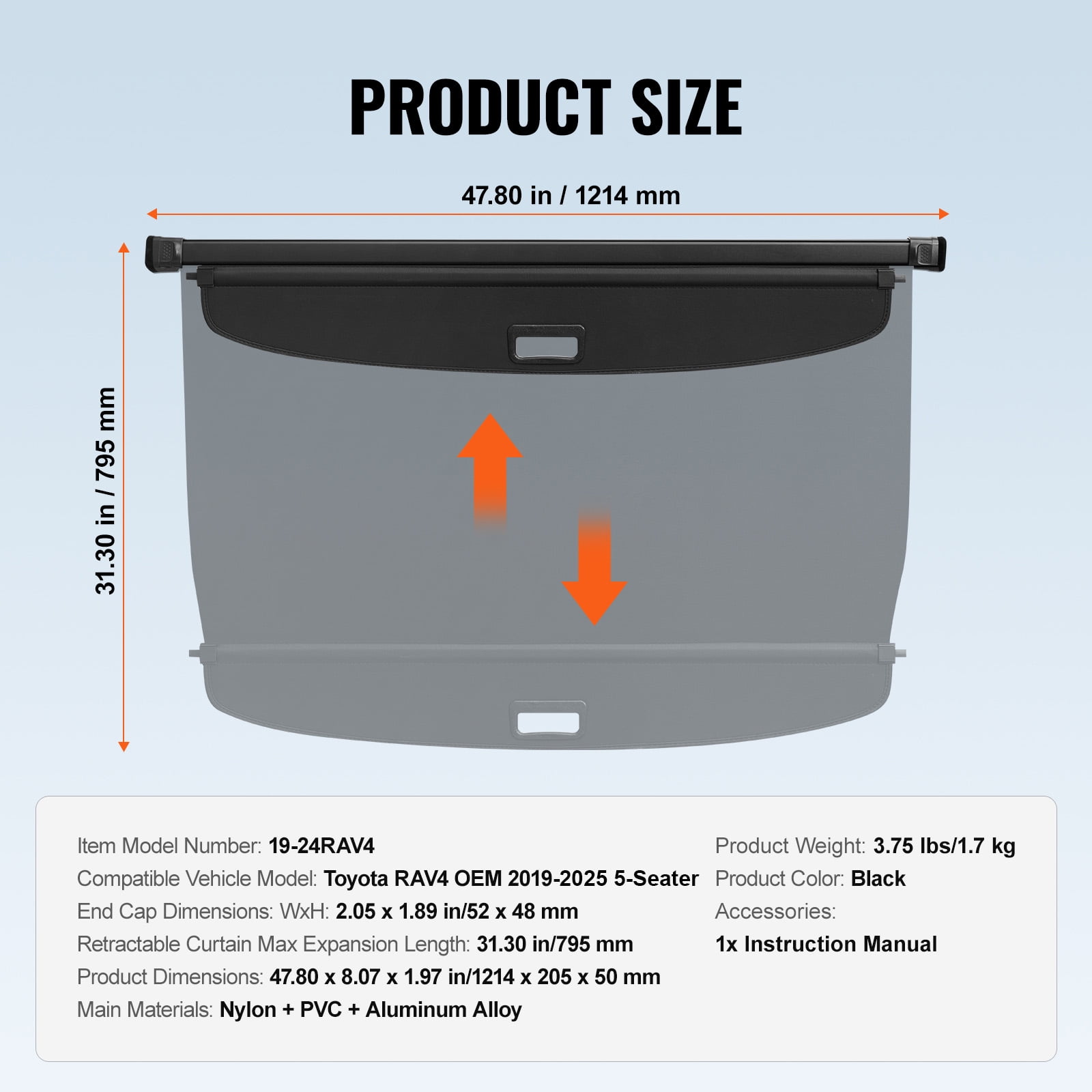 KFFKFF Retractable Trunk Cover for Toyota RAV4 2019-2025, Waterproof Security Shade for 5-Seater Models, UV-Resistant Rear Cargo Shield with Durable Aluminum Frame and PVC Leather Finish