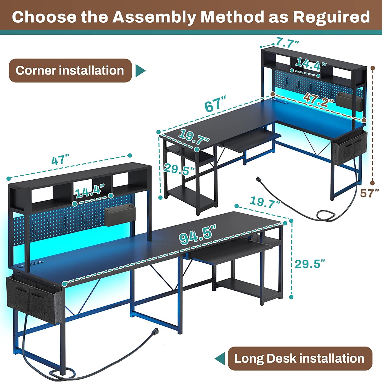 Reversible Computer Desk with LED Strips&Power Outlets, L-Shaped Office Desk with Storage Shelf/Pegboard for Bedroom, Writing Desk for Home Study, Black