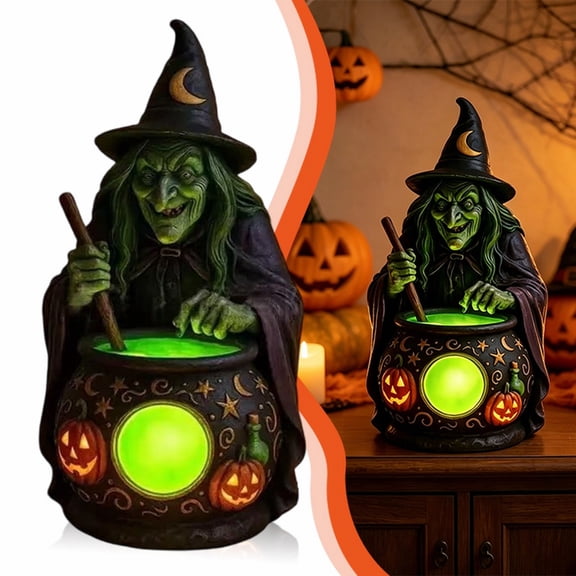 Halloween Witch Cauldron Lamp with Lighting, Halloween Witches Cauldron Figurine Table Decoration, Resin Witch Figure Ornament for Halloween Decoration Indoor