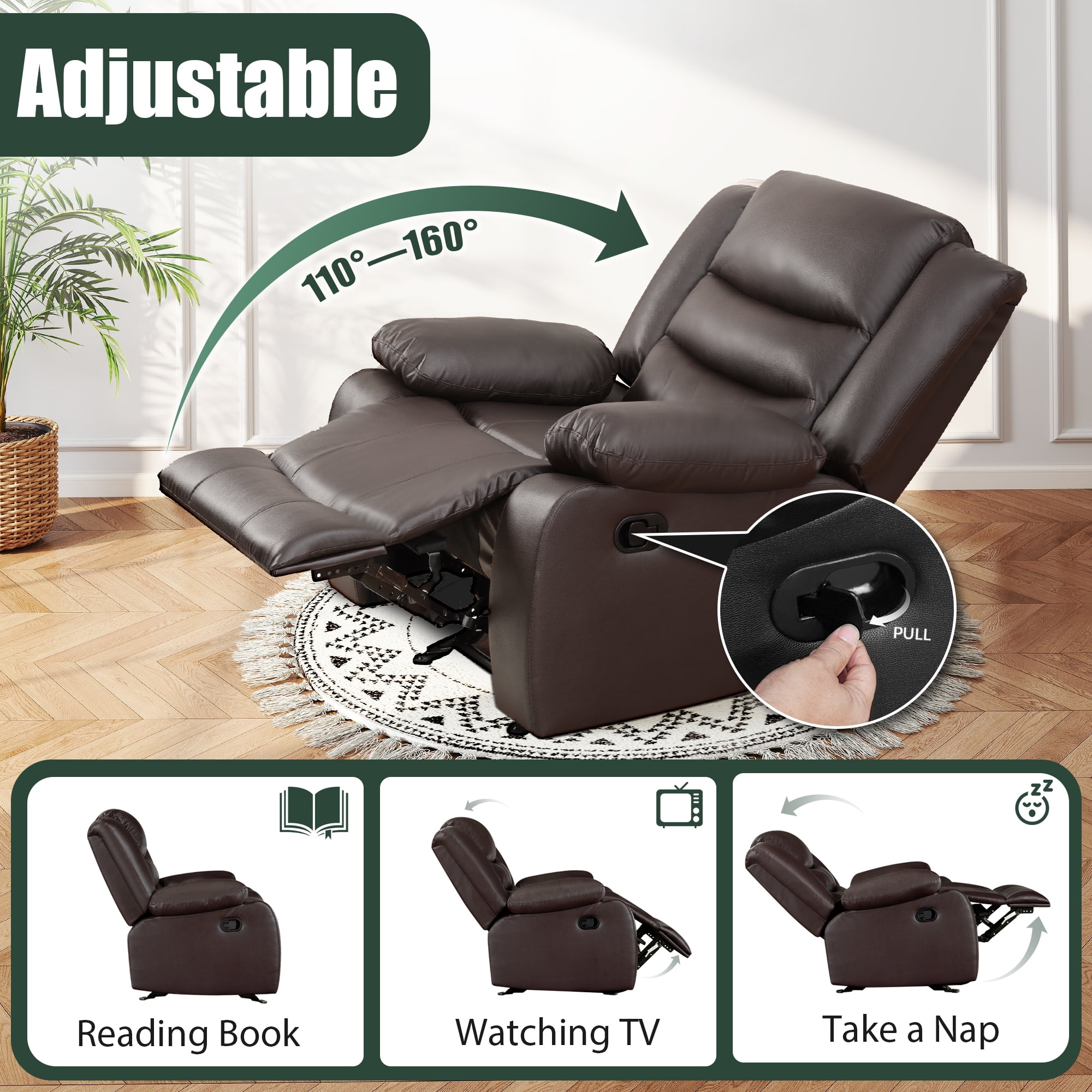 Manual Rocker Recliner Chair Leather Rocking Recliner Chairs for Small Spaces, Living Room Lounge Glider Recliners, Brown