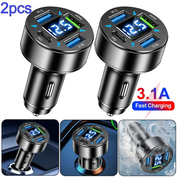Cargador Coche 66 W Adaptador Corriente 4 Puertos para (3USB+1C QC) Azul