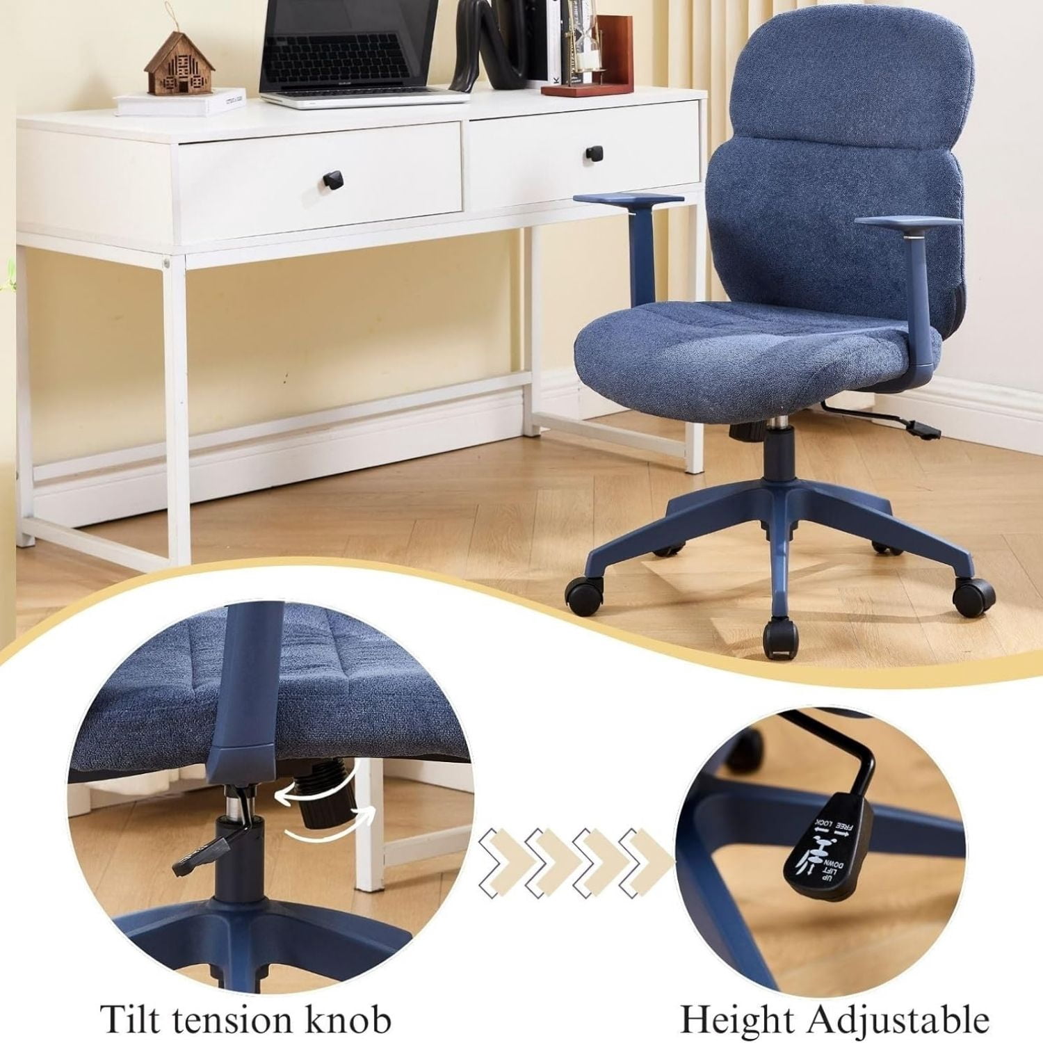 Dayalane Modern Adjustable Office Chair, Swivel Fabric Ergonomic Task Chair with Armrests, 90-120° Tilt Function and Wide Cushion Desk Chair for Home/Bedroom/Study/Office/Conference Room, Blue