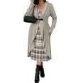 thumbnail image 2 of Women'S Dress 2 Piece Outfits Ribbed Knitted Long Sleeve Long Cardigan Plaid Sleeveless Midi Dress Fall Sets Khaki L, 2 of 8