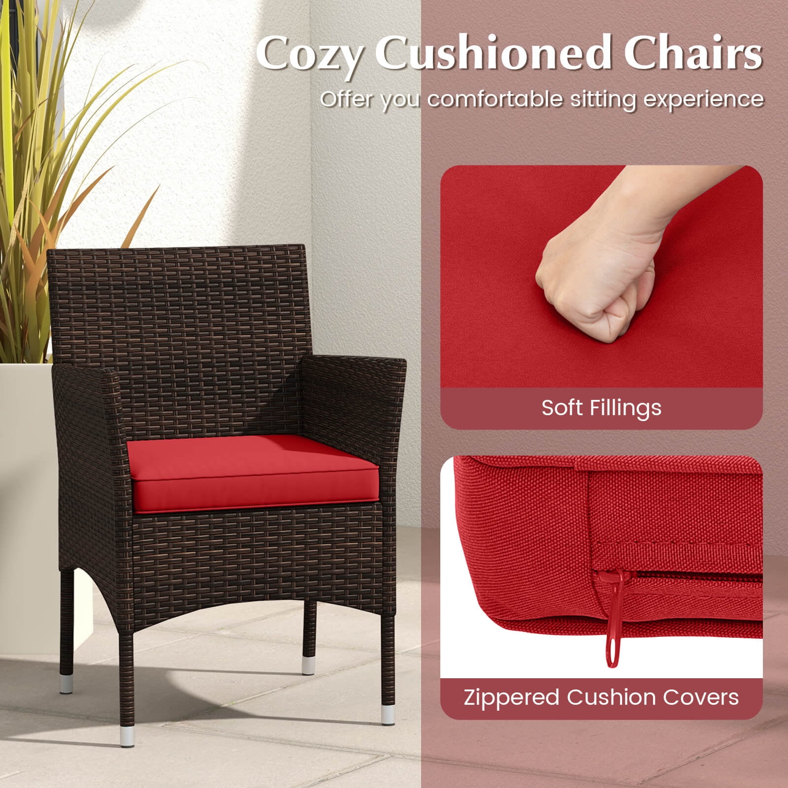 Costway 3PCS Patio Rattan Furniture Set Cushioned Sofa Glass Tabletop Deck Red