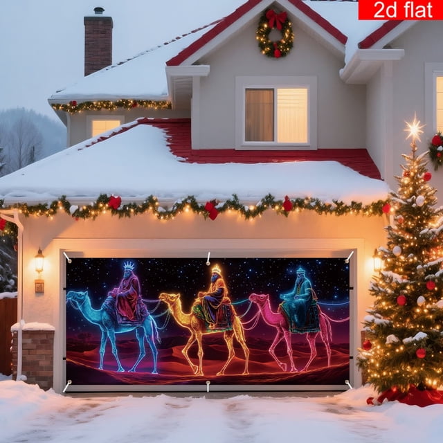 Bowayaoa Christmas Fluorescent Garage Door Cover Background with Streamer Rope, Heavy-Duty PVC Strip Curtain, Protective Barrier for Cold Wind & Snow, Industrial Clear Vinyl Strip