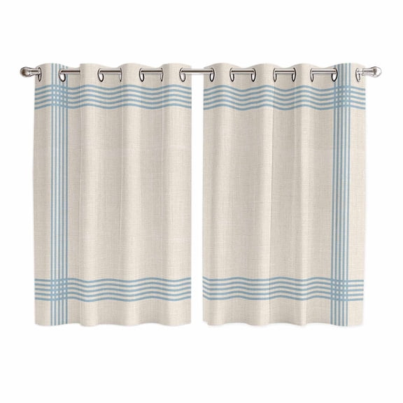 Blue Striped Kitchen Curtains 63 Inch Length, Farmhouse Beige Geometric Minimalist Grommet Top Bedroom Living Room Curtains, Light Filtering Cafe Curtain Drapes 2 Panels Set 104''x63''