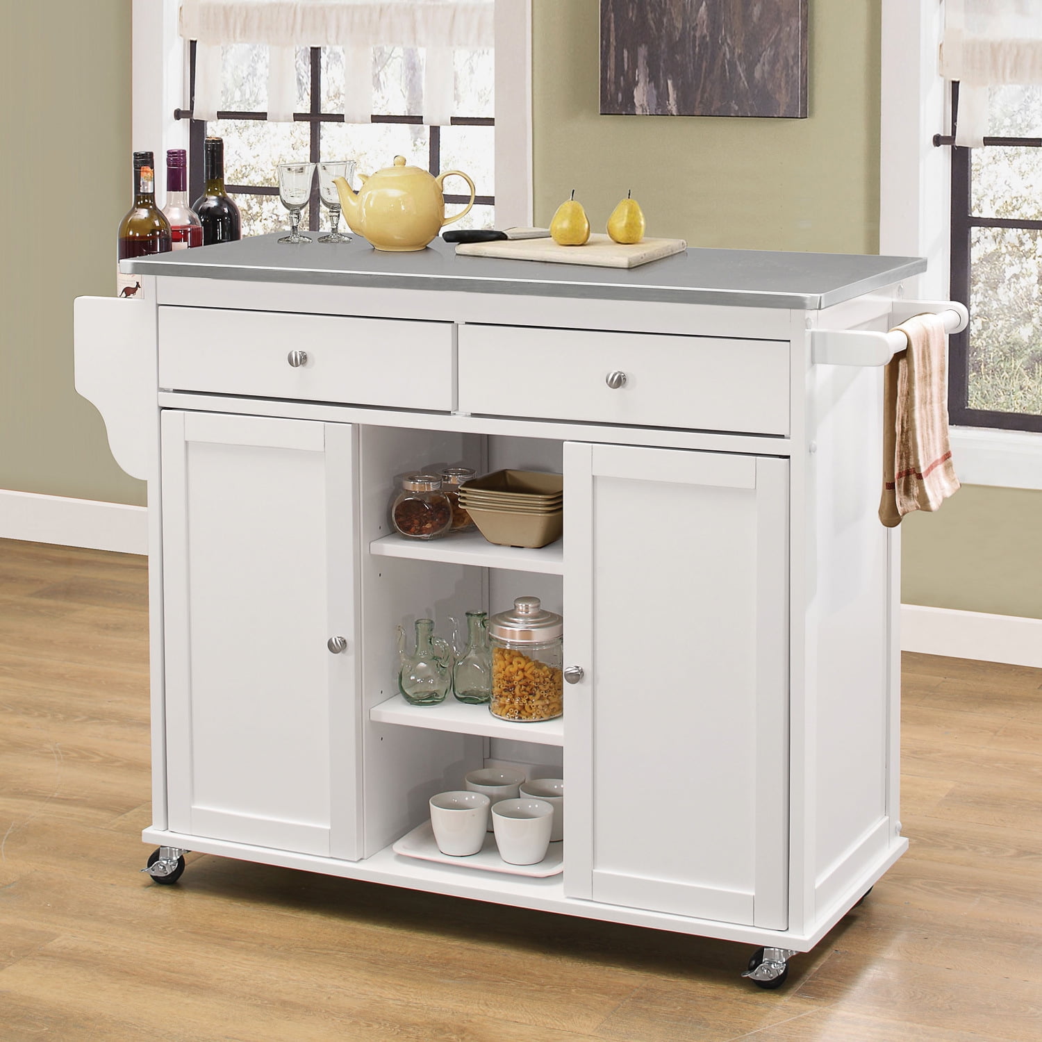 Kitchen Cart With Storage, Stainless Steel Top Rolling Kitchen