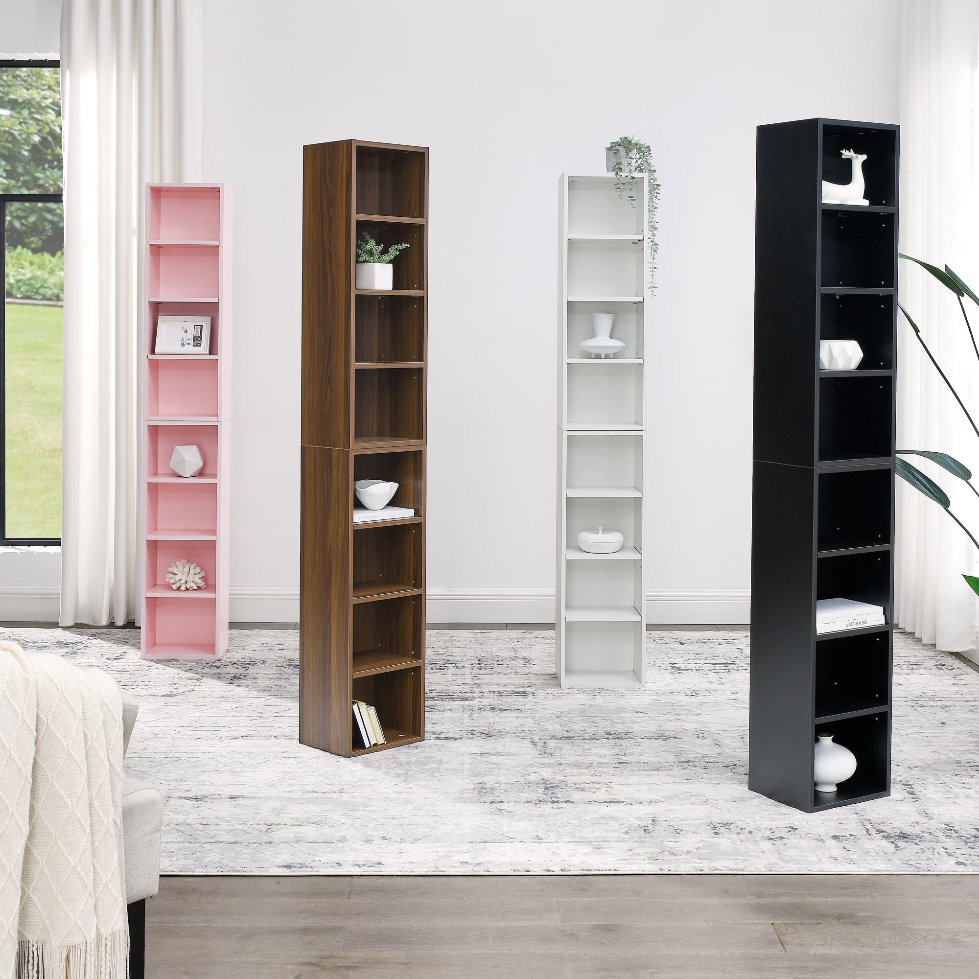 71''T Combined Book Shelf, Adjustable Narrow Storage Cabinet, Tower Display Rack for CD DVD Storage, Corner Wall Bookcase w/Adjustable Shelf, Black