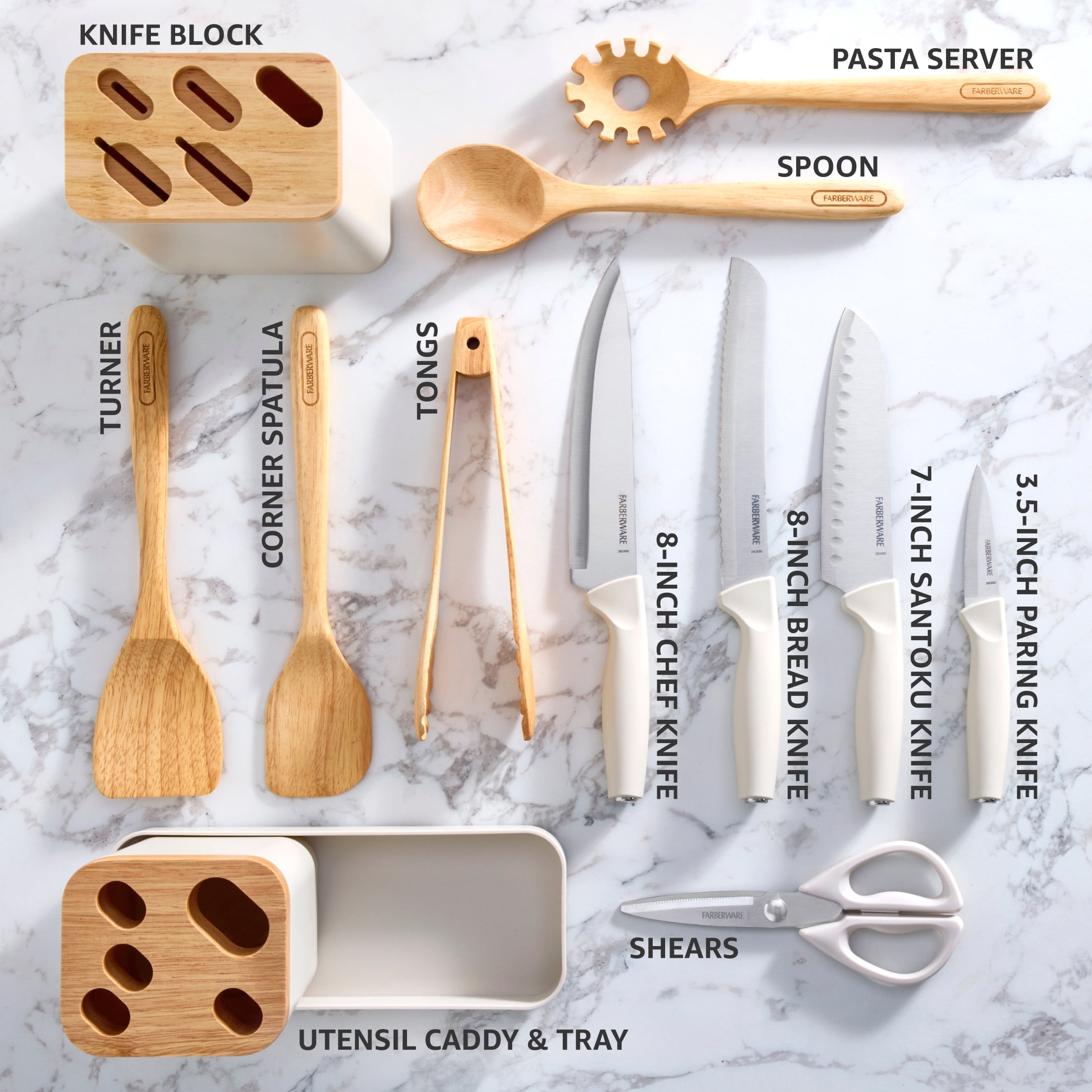 Farberware Professional Wood Kitchen Utensil and Knife Set with Counter Storage Gray, 13-Piece