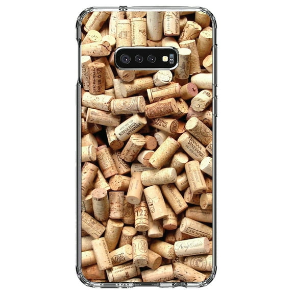 DistinctInk Clear Shockproof Hybrid Case for Samsung Galaxy S10e (5.8" Screen) - TPU Bumper, Acrylic Back, Tempered Glass Screen Protector - Wine Corks Image Print - Printed Cork Image