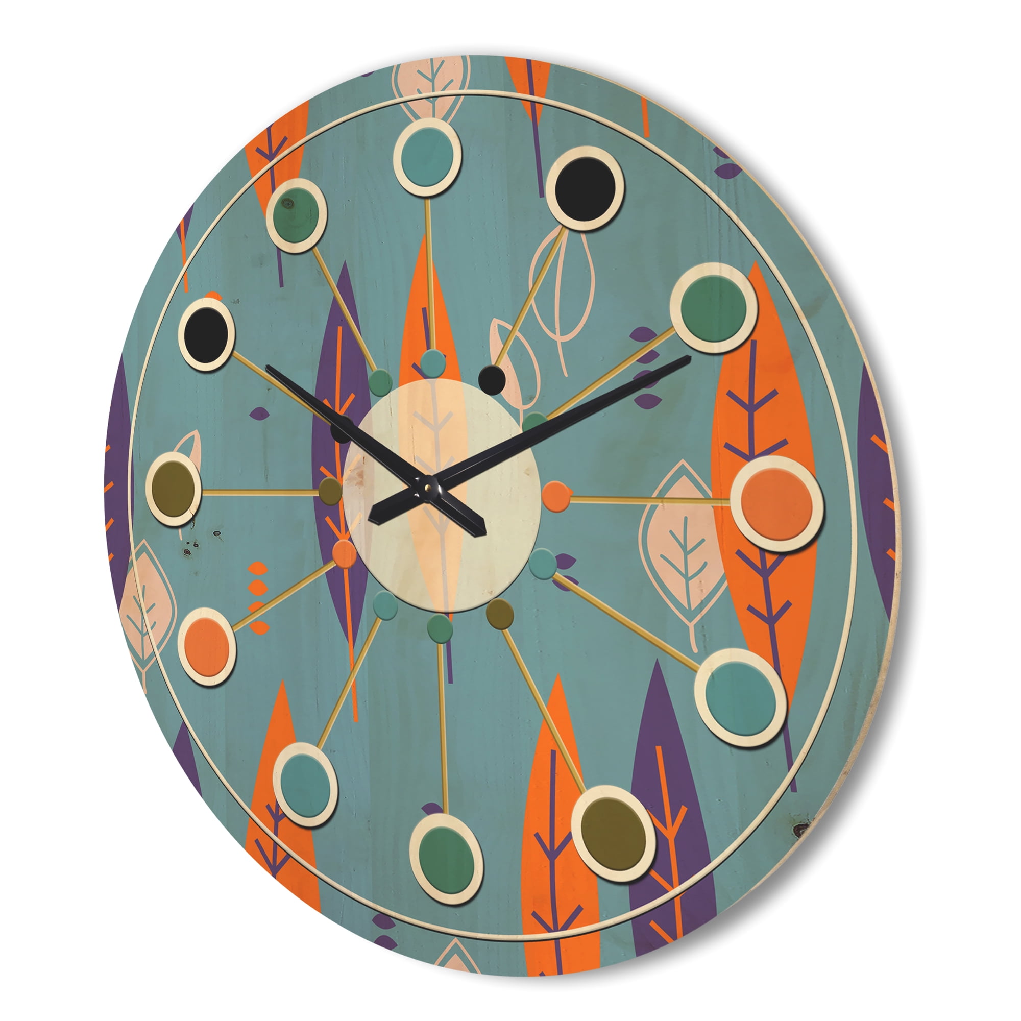 Designart 'Botanical Floral Retro Pattern II' Mid-Century Modern Wood Wall Clock