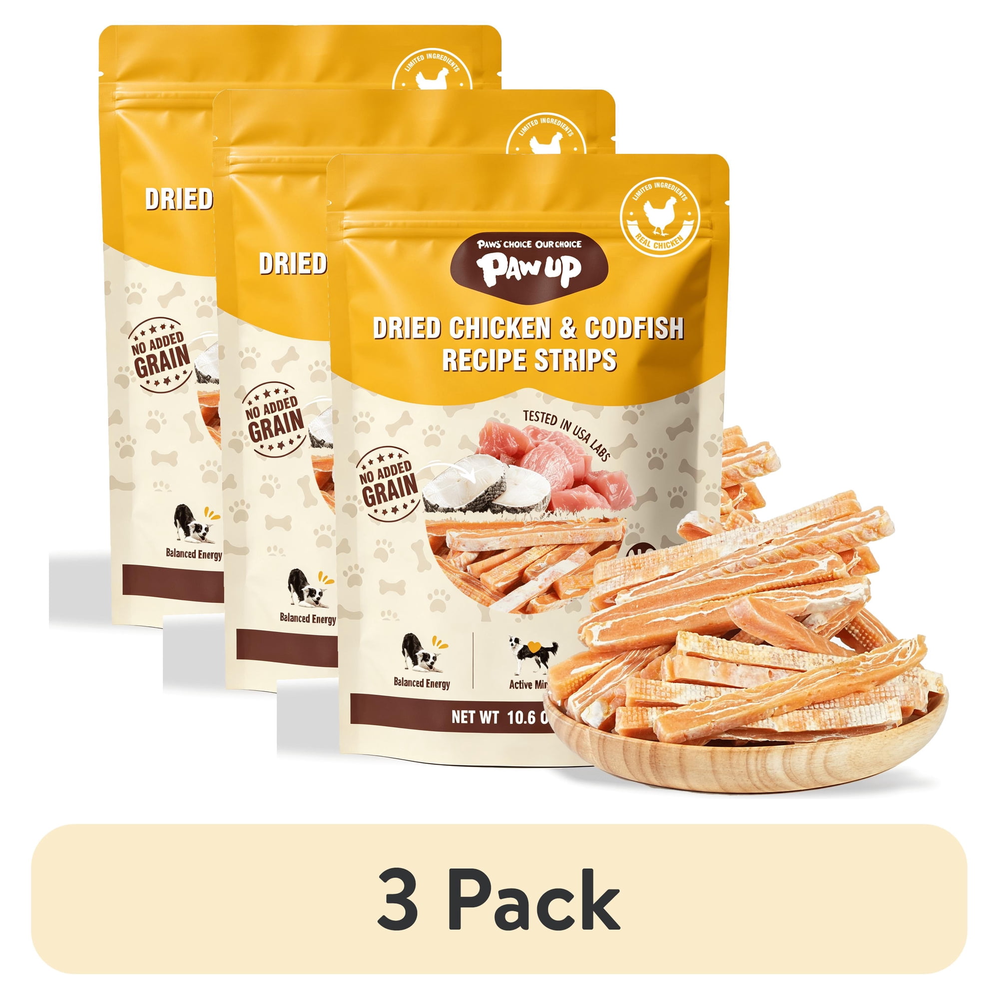 (3 pack) PAWUP Dog Treats Chicken Jerky Cod Flavor Training Treats for Small Medium Large Dogs 10.6oz