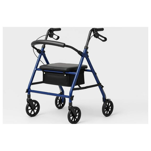 4-Wheel Rollator Walker for Seniors – FSA/HSA Eligible Blue Rolling Walker with Seat, Hand Brakes & Storage – Heavy Duty Frame Supports 350 lbs – Foldable Mobility Aid