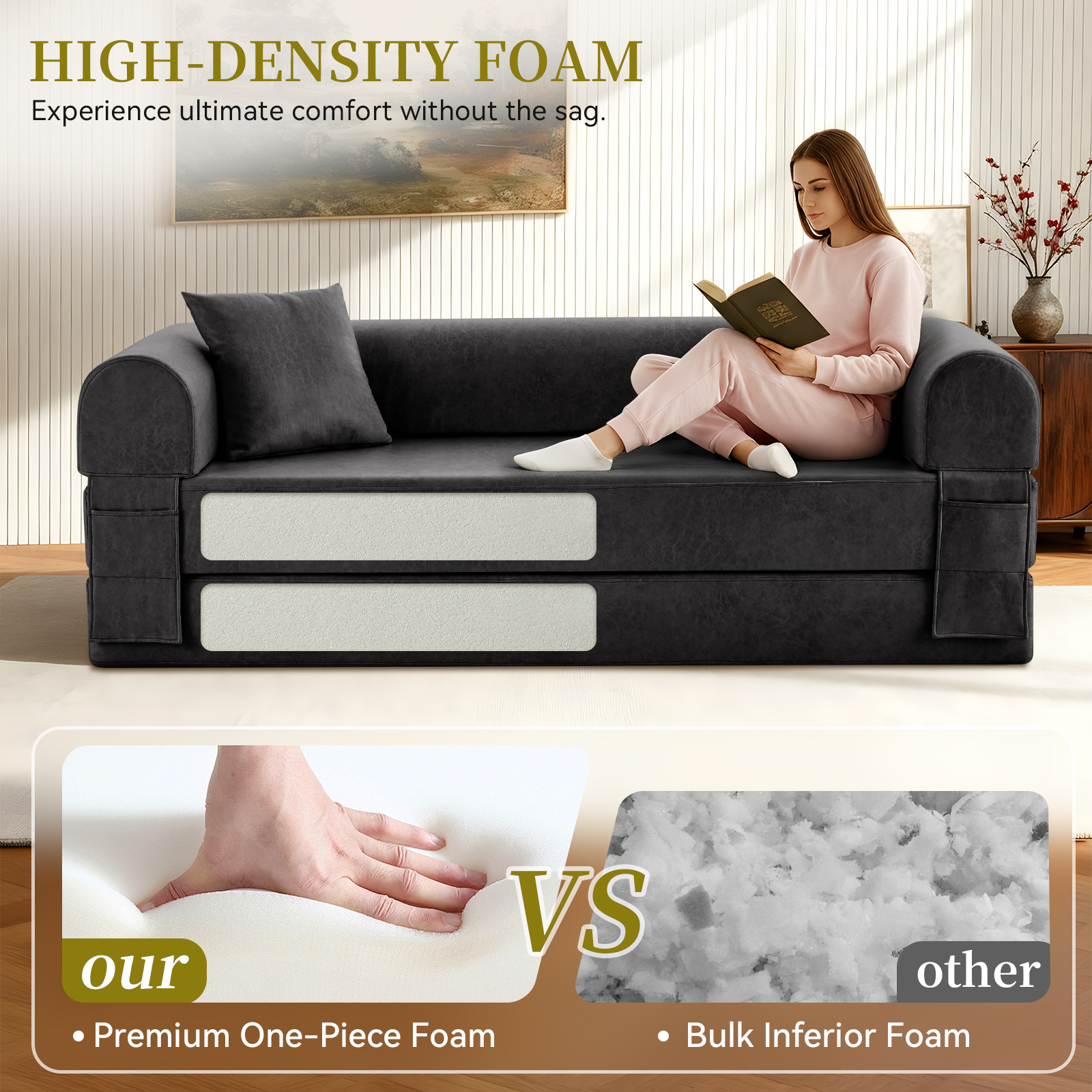 4-in-1 Folding Convertible Sofa Bed, 78 Inch Oversized Faux Leather Boneless Couch, Loveseat Sleeper with Pull Out Bed, Floor Sofa Modular Futon Teddy Sofa for Living Room Bedroom Lounge, Gray