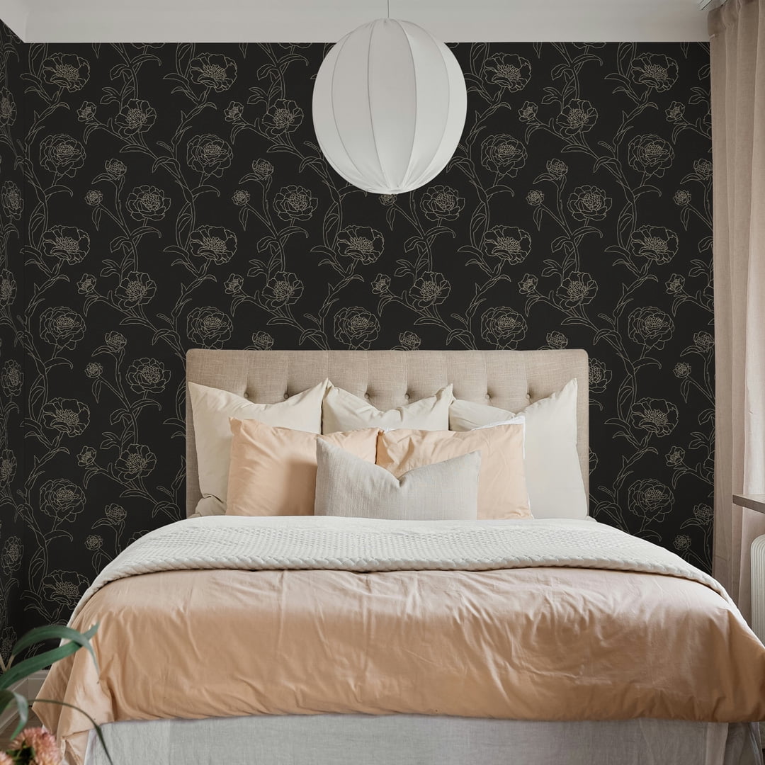 Tempaper Black & Metallic Gold Peonies Peel and Stick Wallpaper, 20.5" x 16.5'