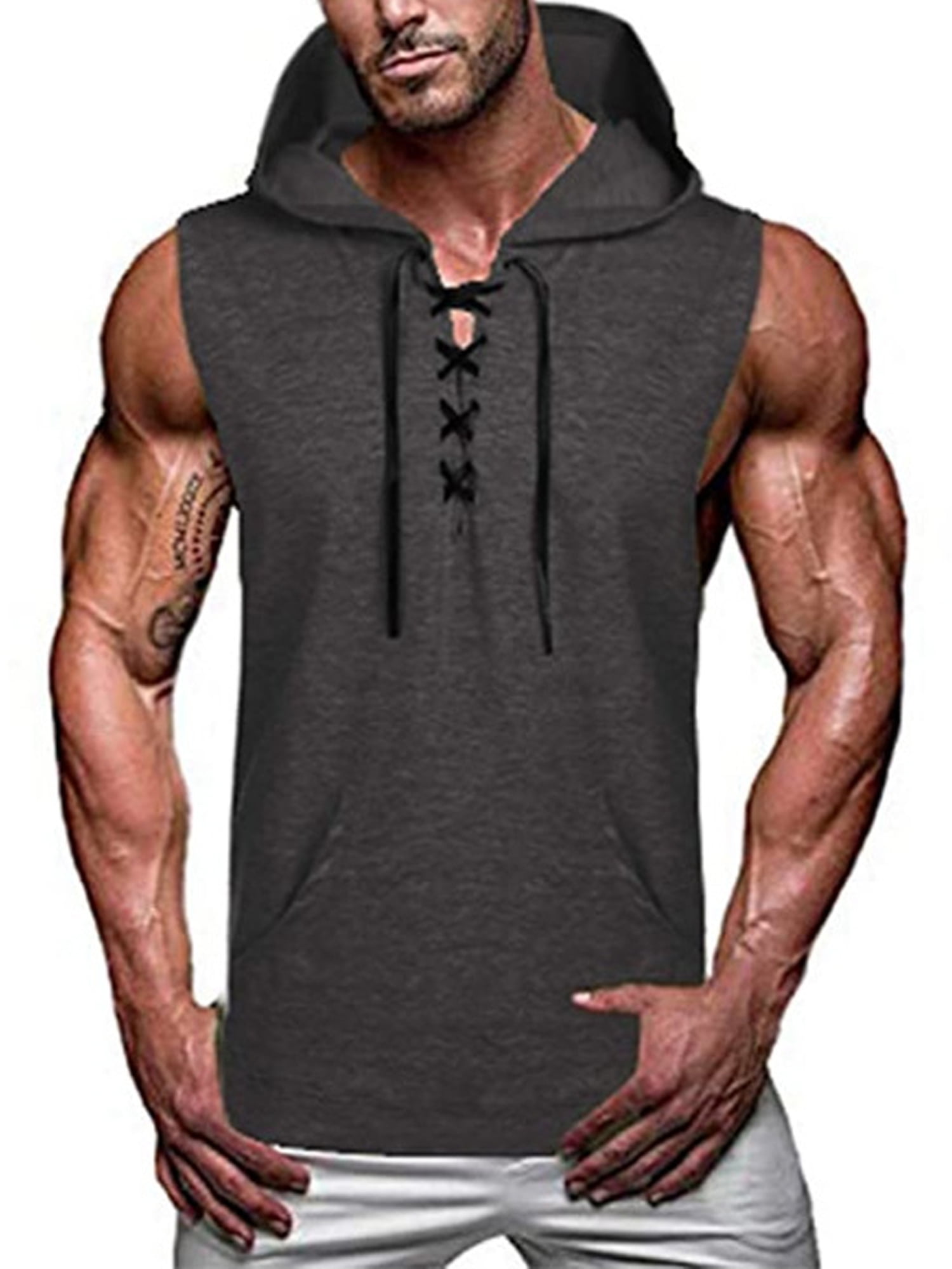 Womens Hoodie Workout Front Tank Top Pocket Sweatshirt Pullover Sleeveless S ~ L 