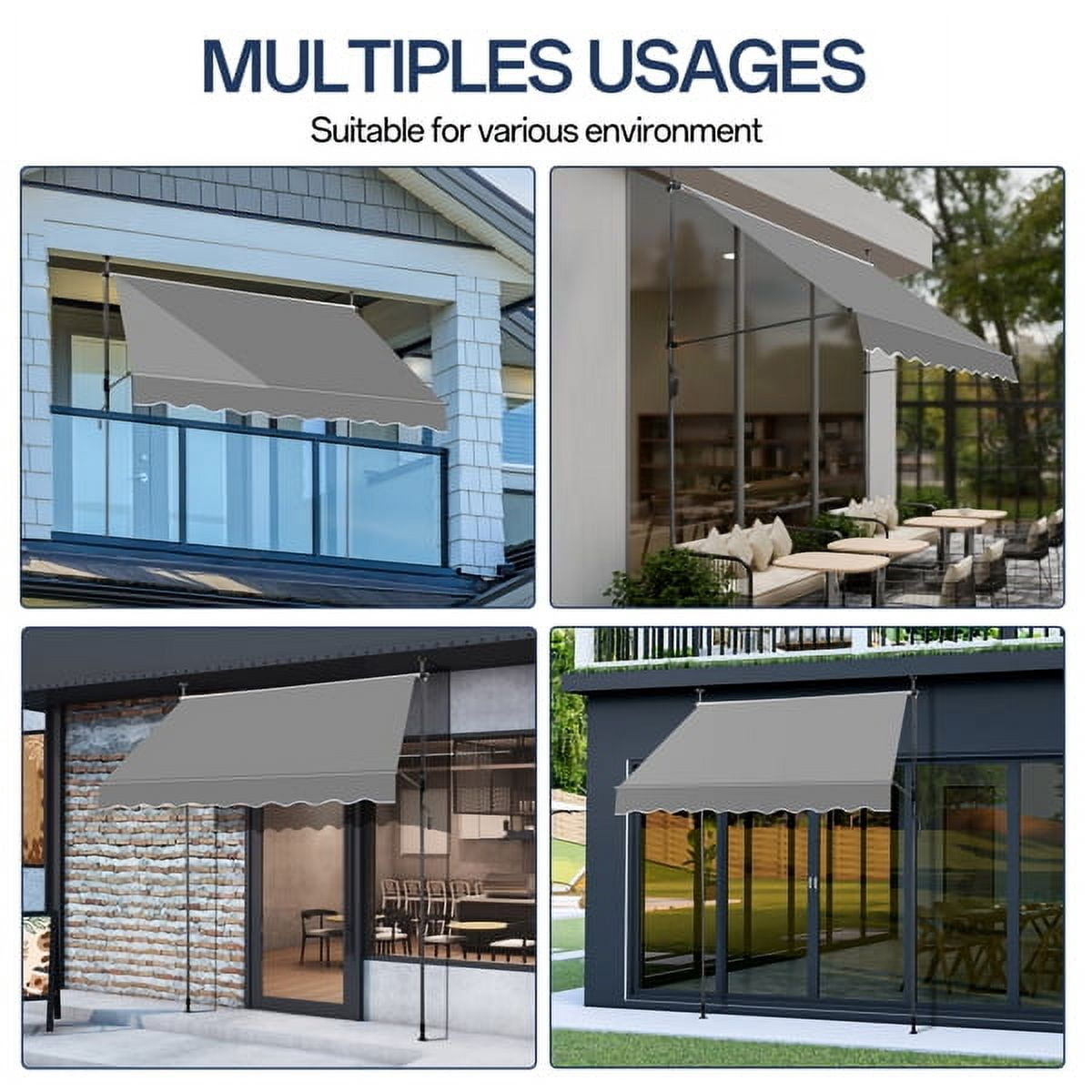6.6x3.9FT Retractable Patio Awning – Grey Polyester Canopy, UV50+ Protection, No-Drilling Installation – for Balconies, Entryways & Small Outdoor Spaces