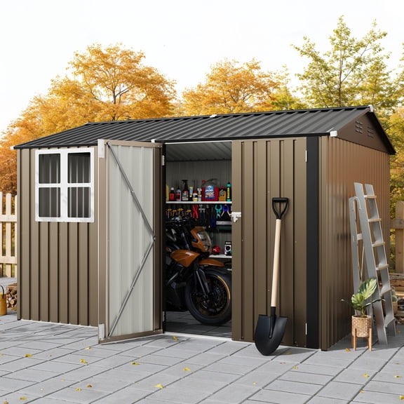 8x10 FT Outdoor Storage Shed,450CU.T Metal Tool Shed with Clear Window, Lockable Doors,Large Garden Storage Box with Sloping Roof，Sheds&Outdoor Storage for Backyard Garden Patio Lawn, Brown
