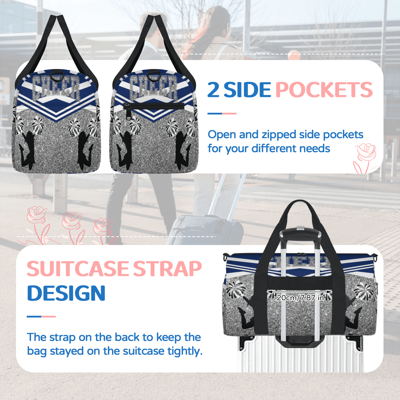 Herdesigns Blue Cheerleading Travel Duffle Bag Sports Yoga Weekender Overnight Carry on Workout Bags Lightweight Waterproof Gym Tote Bag for Women