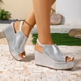 thumbnail image 4 of Rokment Women's Platform Wedge Gladiator Dressy Sandals Fashion Casual Metallic Leather Peep Toe Chunky High Heels Elastic Slingback Summer Shoes for Ladies Silver Size 6.5, 4 of 8