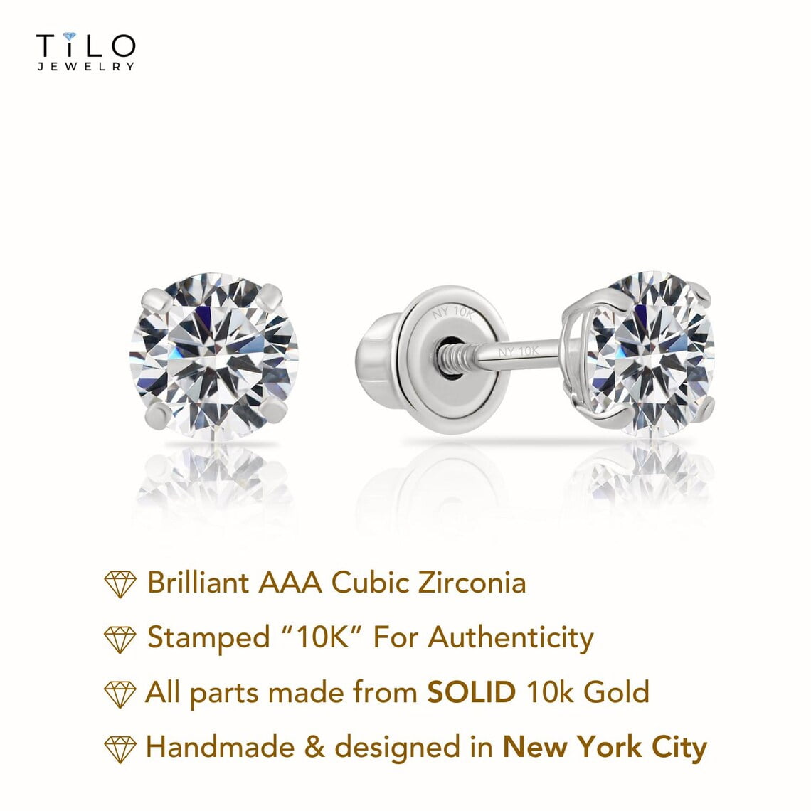 3 PAIR SET! 10K White Gold Solitaire Round CZ Stud Post Earrings with Secure Screw-backs | 3mm, 4mm, 5mm | Women, Men, Unisex