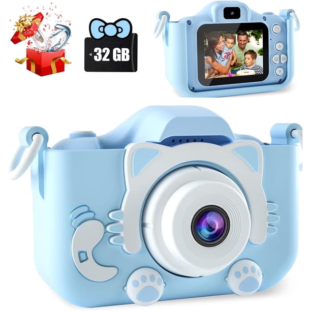 Cámara Digital para Niños,Cámara para Niños con Pantalla a Color 2.0 IPS HD y Tarjeta de Memoria de 32 G,Adecuada para Regalos de cumpleaños y Navidad para niños y niñas(Gatito Rosa),Gatito Azul