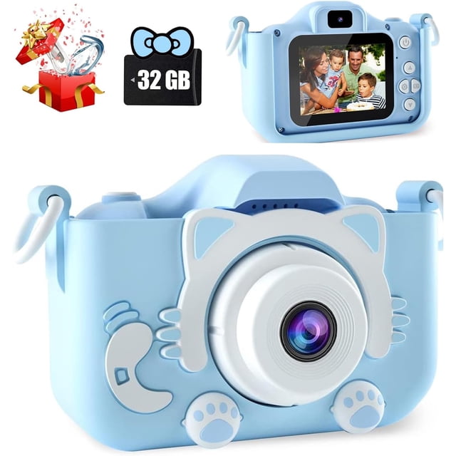Cámara Digital para Niños,Cámara para Niños con Pantalla a Color 2.0 IPS HD y Tarjeta de Memoria de 32 G,Adecuada para Regalos de cumpleaños y Navidad para niños y niñas(Gatito Rosa),Gatito Azul
