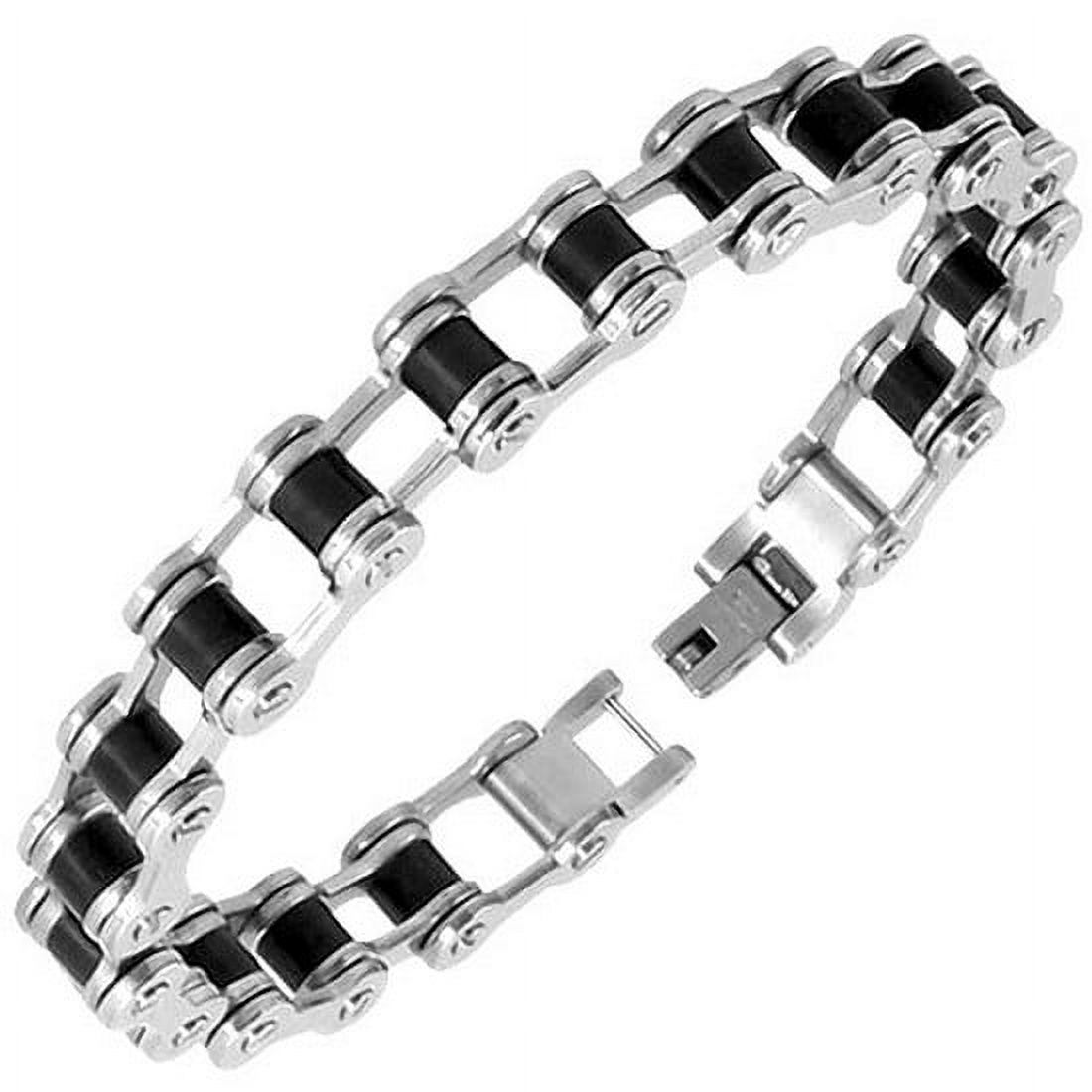 Stainless Steel Black Silver-Tone Link Bike Chain Mens Bracelet with Clasp