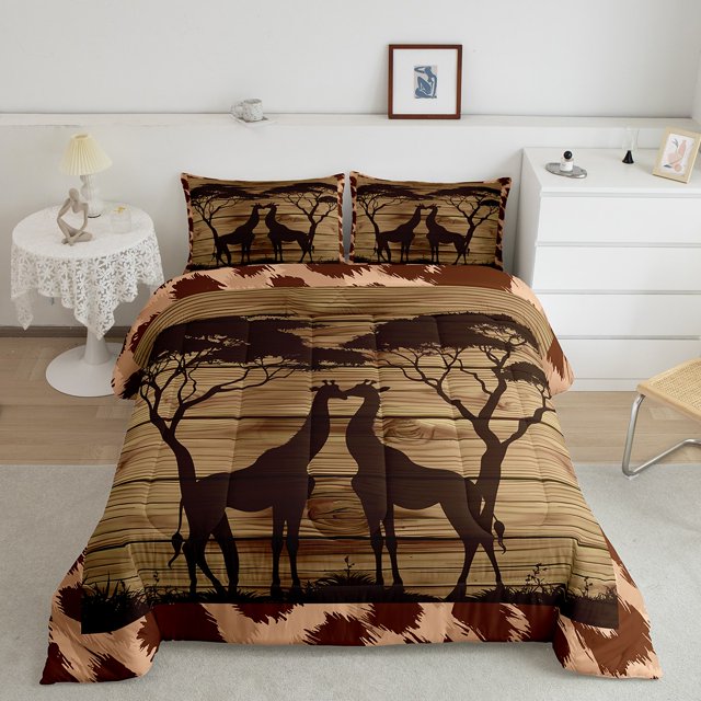 Erosebridal Woodland Giraffe Bedding King Comforter Set, Junfle Animal Down Comforter, Leopard Cheetah Print Decor, Reversible
