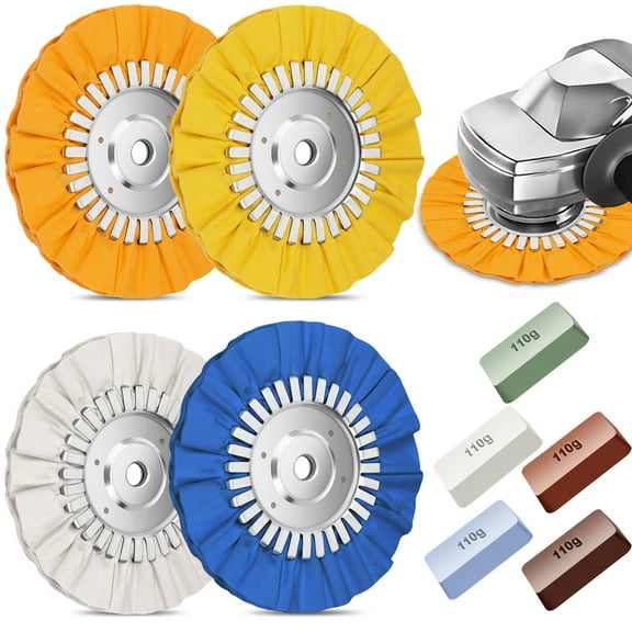 8" Airway Buffing Wheel, 9Pcs Aluminum Wheel Polishing Kit in Diameter 5/8 inch Arbor Hole, Polishing Compound and Aluminum Metal Polishing Wheel Kit for Angle Grinder Mirror Finish