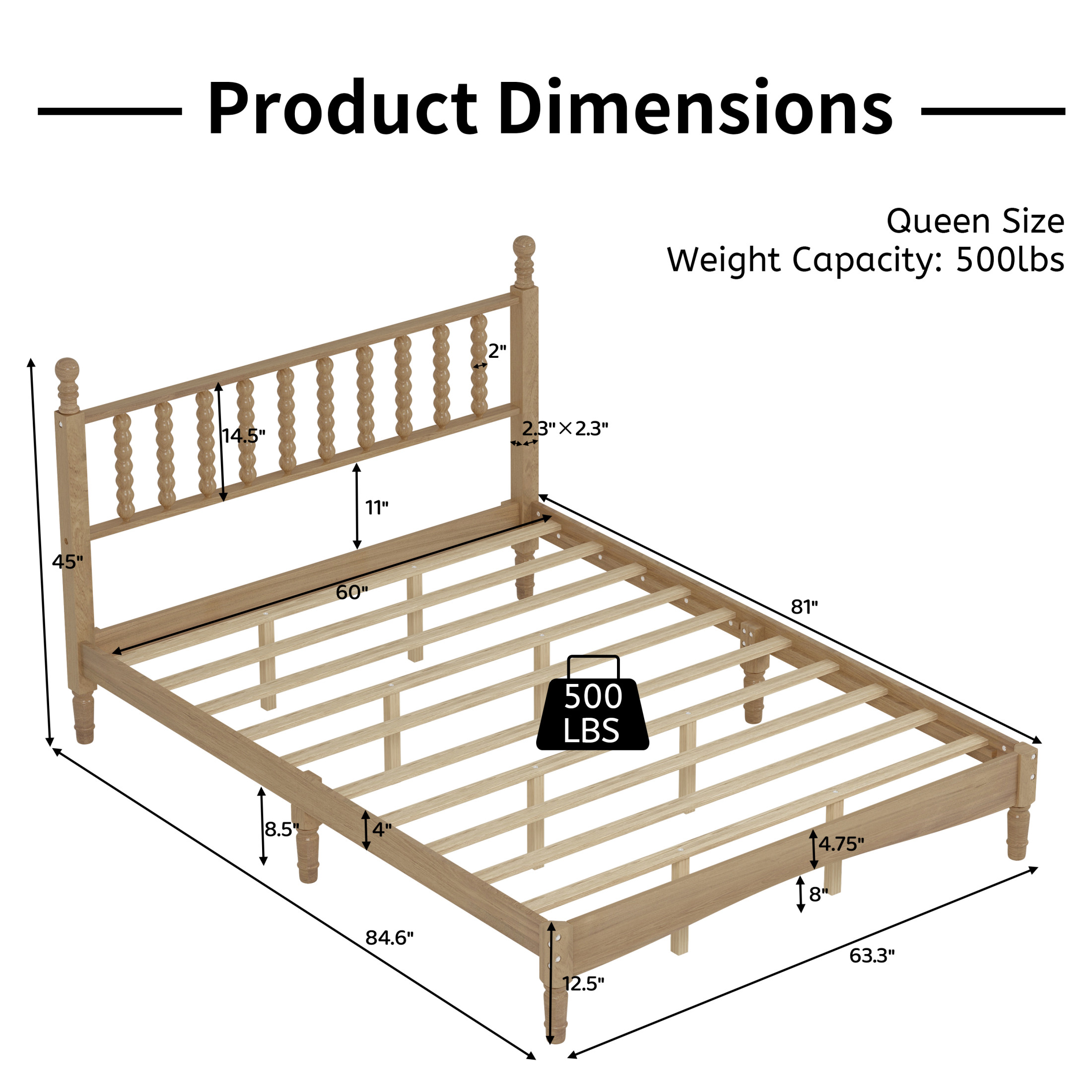 Noble House Queen Size Wood Platform Bed with Gourd-Shaped Headboard, Retro Wooden Bed Frame with Slat Support, Natural