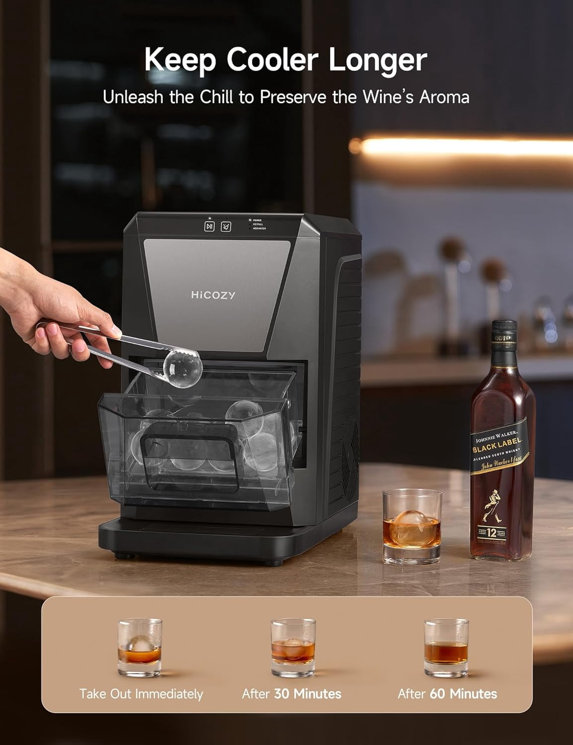 HiCOZY Ice Maker Clear Ice Ball Maker Countertop, Sphere Ice Maker with IcyGem Technology, 2 Ice Balls in 60Mins, 40 pcs/Day, Self-Cleaning Ice Machine with Ice Tong for Cocktails, Whiskey & Bourbon