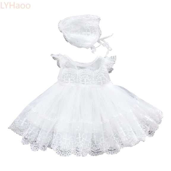 LYHaoo Baby Girls Baptism Dress Lace Crochet Tulle Dress O Neck Ruffled Sleeve Bubble Skirt,Girls A-Line Dresses Sizes 0-3 Months White