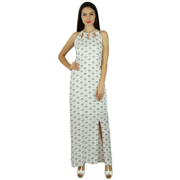 Bimba Women White Long Cotton Maxi Dress With Side Slit Floral