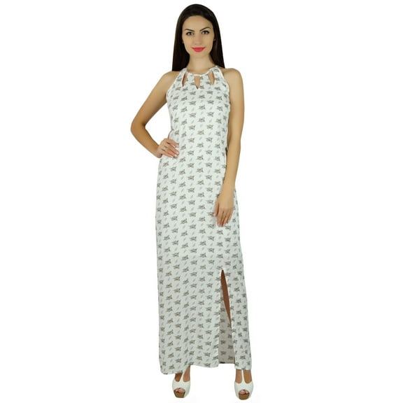 Bimba Women White Long Cotton Maxi Dress With Side Slit Floral Full-Length Dress
