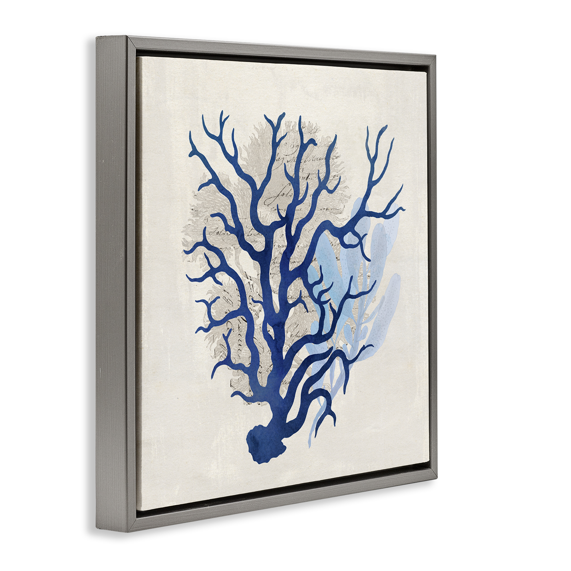 Stupell Industries Blue Coral Branches Nautical & Beach Painting Gray Floater Framed Canvas Art Print Wall Art, 18 x 18