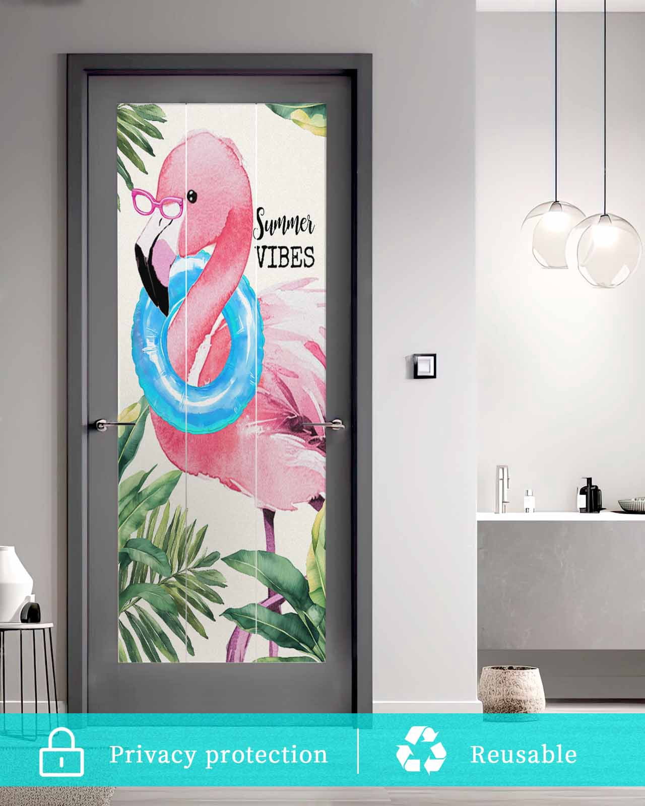 Window Privacy Film Summer Pink Flamingo Stained Glass Window Film Decorative Sun Block Window Cover Beach Tropical Palm Leaves Window Clings Static Adhesive Sticker for Bathroom 35.4"x78.7"