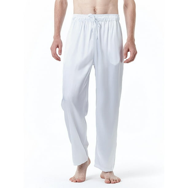 CVLIFE Men Sleepwear Elastic Waist Lounge Pant Straight Leg Pajama Pants  Plain Solid Color Pj Bottoms Travel Trousers White S 