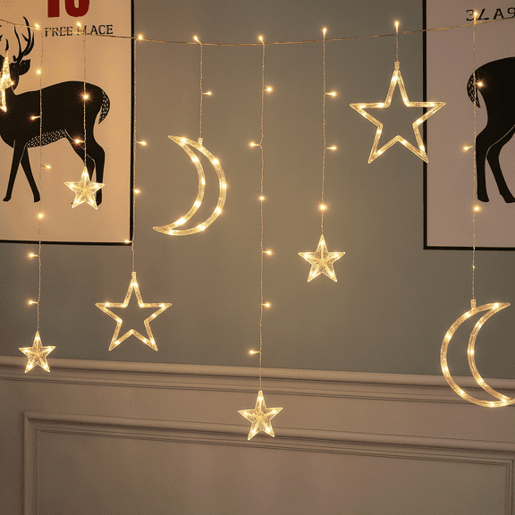 Mainstays 144-Count Indoor Battery-Operated Curtain Lights with Stars and Moons, Warm White LED, 6 ft Lighted Length