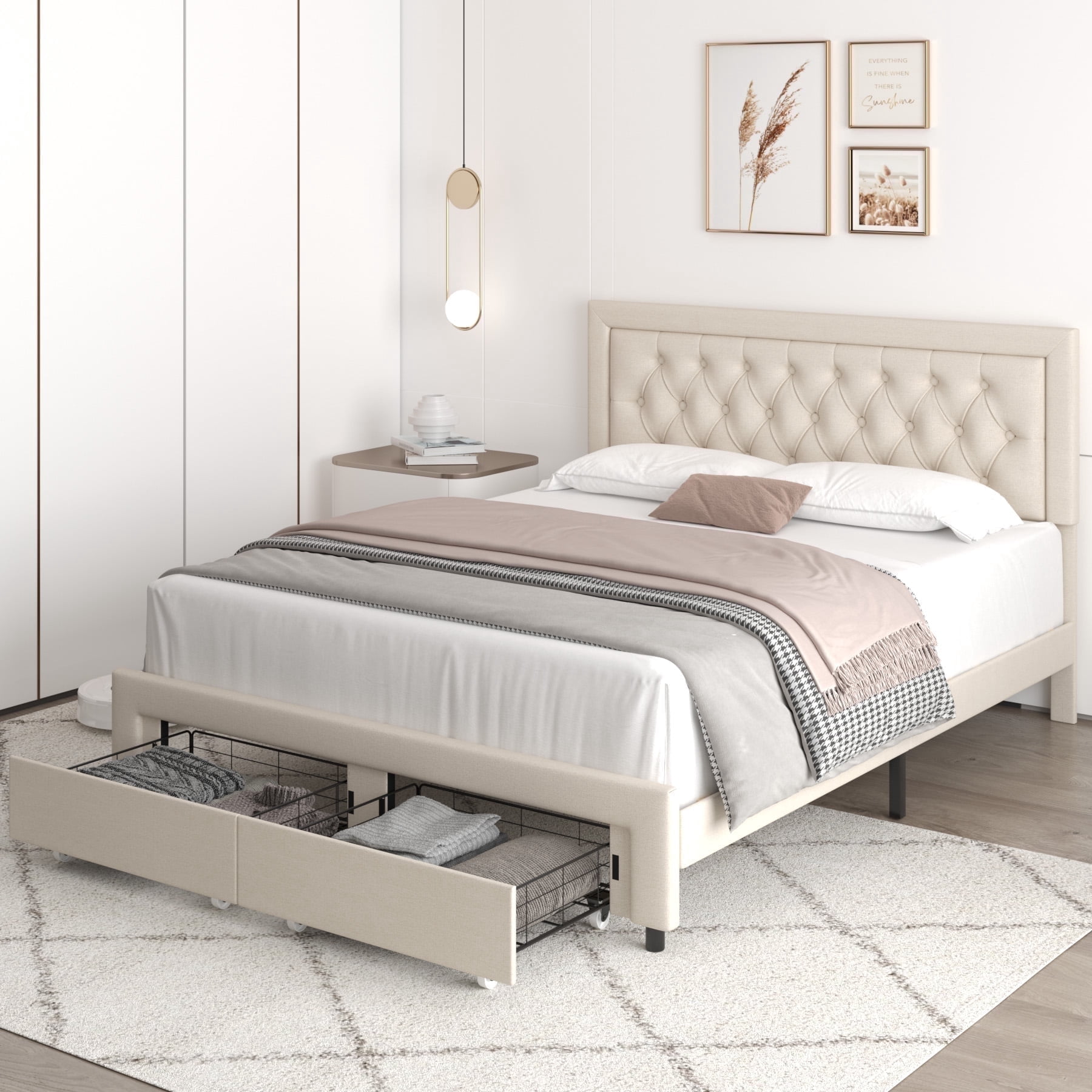 Homfa Queen Size Bed Frame with Storage, Linen Upholstered Platform Bed with 2 Storage Drawers & Adjustable Button Headboard, Beige