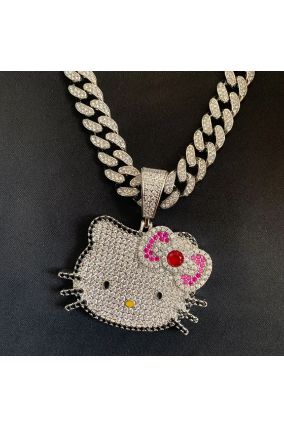 Kawaii Hello Kitty Necklace Anime Sanrio Diamond Pendant Cuban Chain Hip Hop Fashion Men's and Women's Jewelry Holiday Gifts