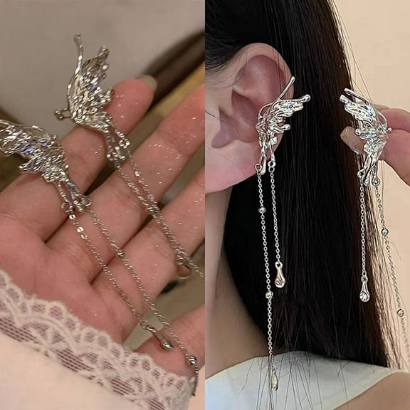 1Pair Angel Wings Liquid Metal Butterfly Tassel Ear Cuff Non Piercing Earrings Trendy Punk Design Female Long Ear Clip Jewelry